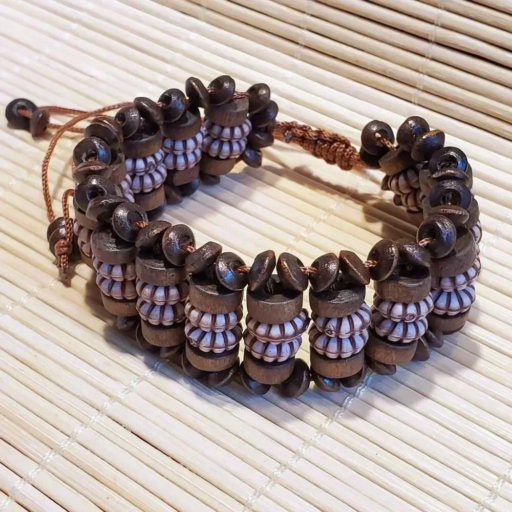 90s Y2K Vintage Brown Wood Acrylic Rondelle Beads OSFA Adjustable Bracelet